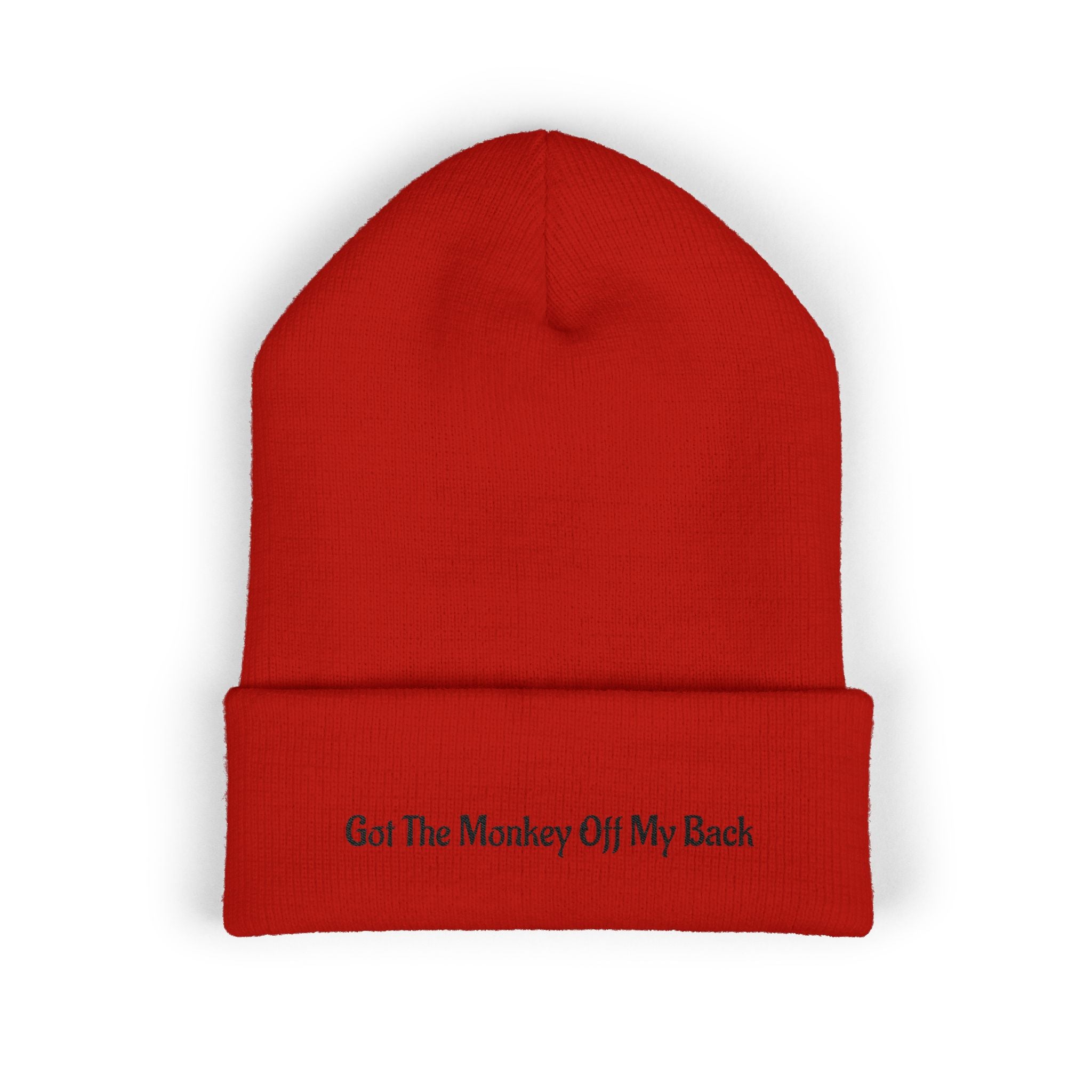 Embroidered GOT THE MONKEY OFF MY BACK Cuffed Beanie — Classic Knit Winter Hat