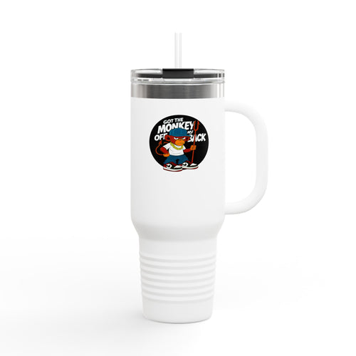 40oz Insulated Travel Mug — 'Get The Monkey Off My Back' Retro Skate Graphic