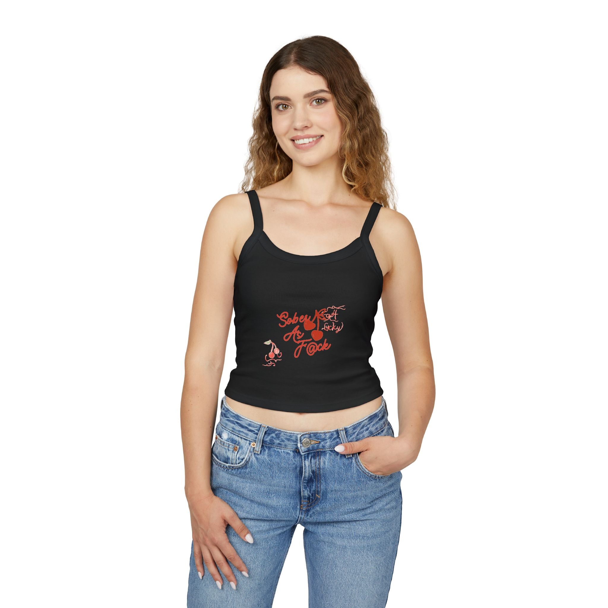 Spaghetti Tank Top — "Sober As F*ck" Red Script Graphic