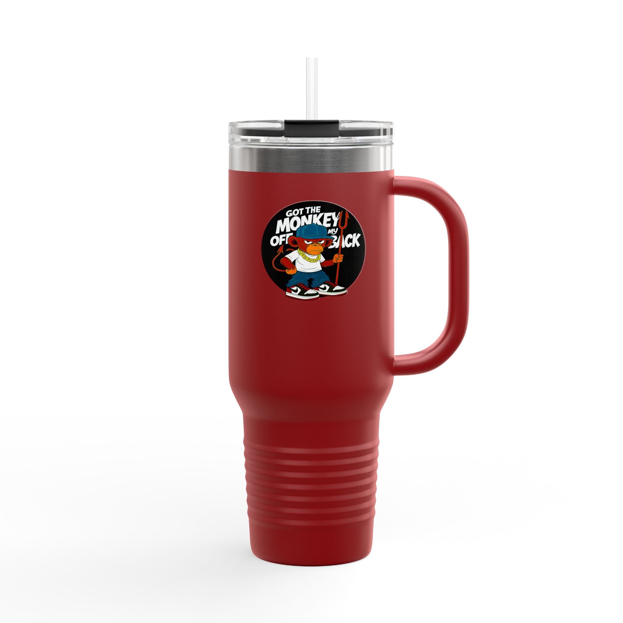 40oz Insulated Travel Mug — 'Get The Monkey Off My Back' Retro Skate Graphic