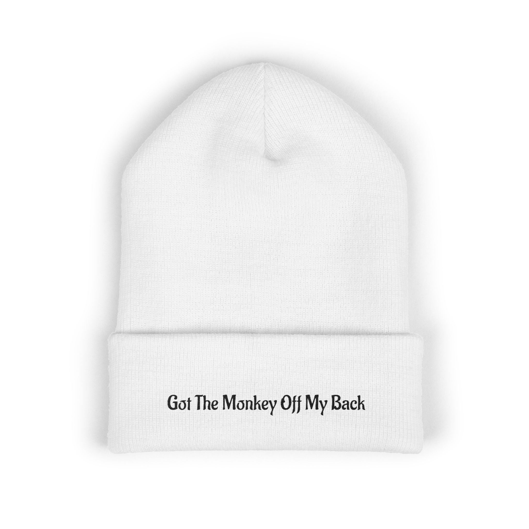 Embroidered GOT THE MONKEY OFF MY BACK Cuffed Beanie — Classic Knit Winter Hat